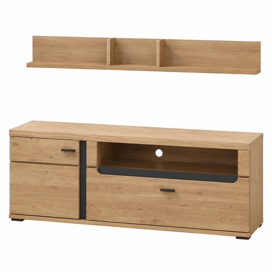 Modernes TV-Lowboard mit Esche Massivholz und schwarzem Wandregal, Maße 150x200x42 cm