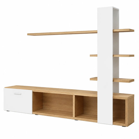 KAZZIO Wohnzimmermöbel-Set, modernes Wandschrank-Design 180x33,5x151,5 cm, für Fernseher bis 60 Zoll, Weiß mit Holzdekor