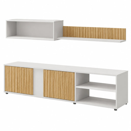 Moderne Wohnwand mit flexiblem TV-Schrank, Rechts- oder Links-Montage, Weiß und Naturholz, 180x40x33 cm