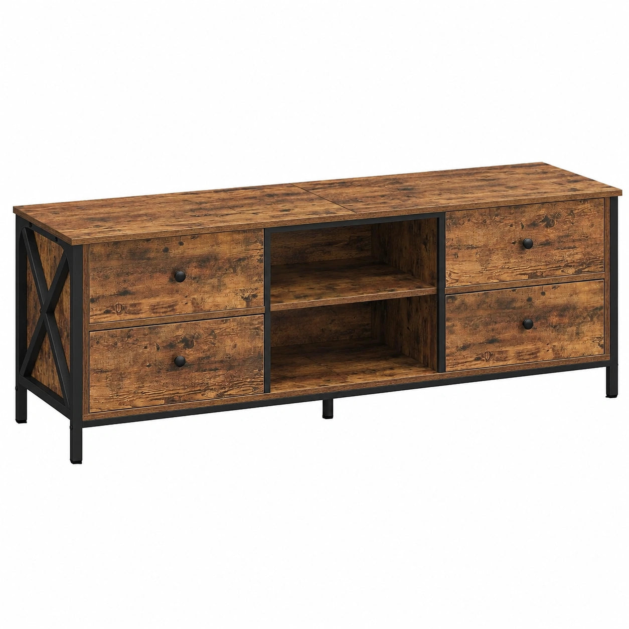 Vintage TV-Schrank mit Schubladen und offenen Fächern, passend für Fernseher bis 65 Zoll, 147x40x50 cm