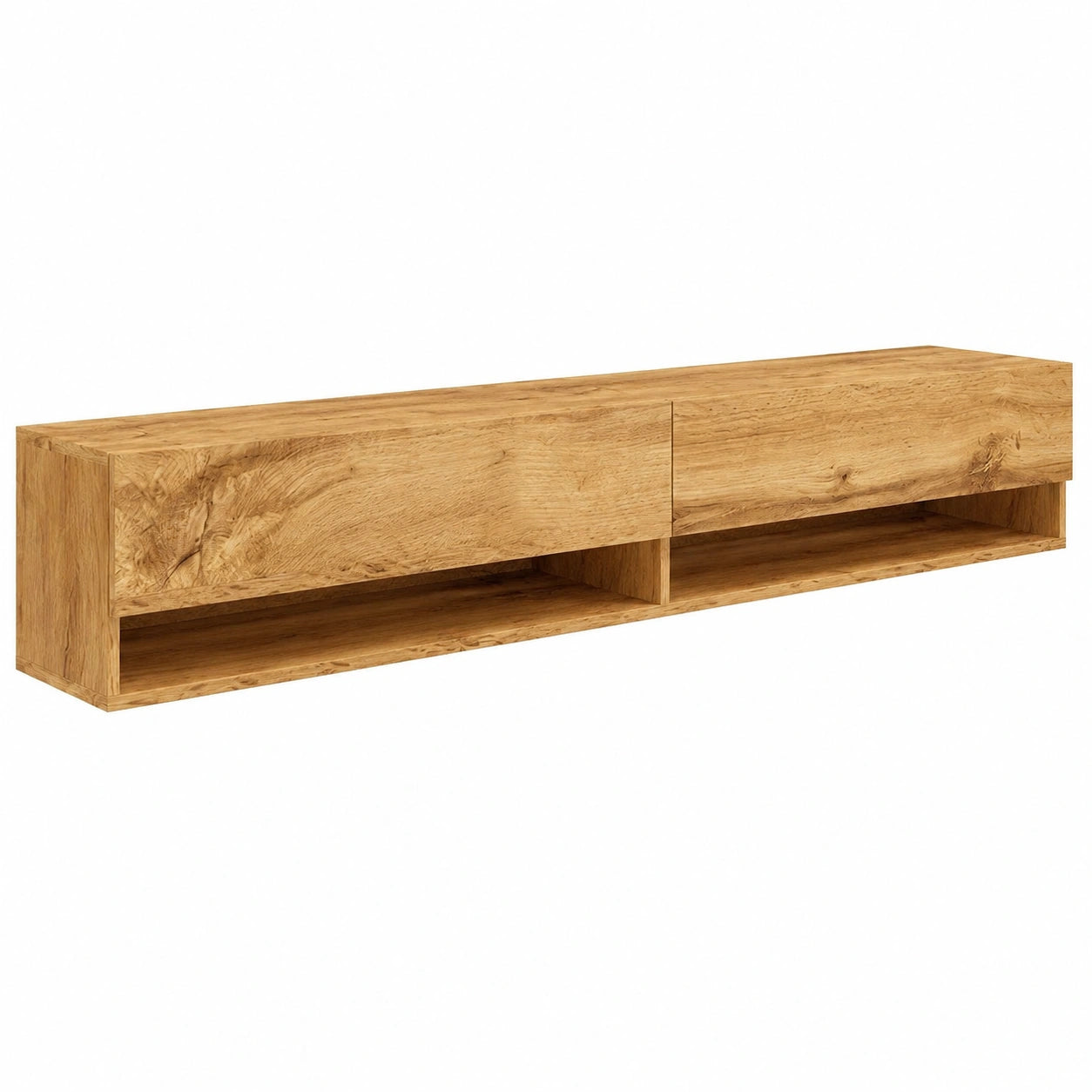 Moderne Wohnwand Set Amy, 4-teilig, Hängevitrine in Wotan Eiche und Weiß Hochglanz