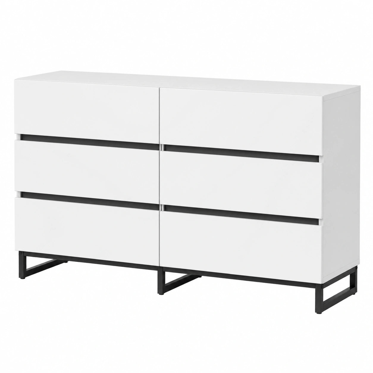 Modernes Sideboard mit 6 Schubladen und Metallbeinen, 140x39,5x78,5 cm, Hochglanz für Wohnzimmer, Esszimmer & Flur, Weiß/Schwarz