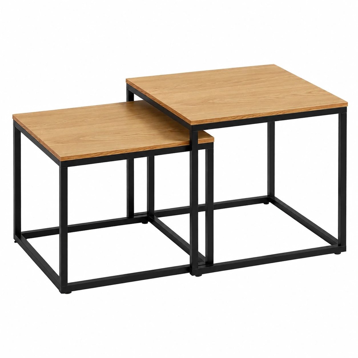 Modernes Couchtisch-Set aus Holz und Metall, 2-teilig, quadratisch für Wohnzimmer und Büro, helles Eiche-Design