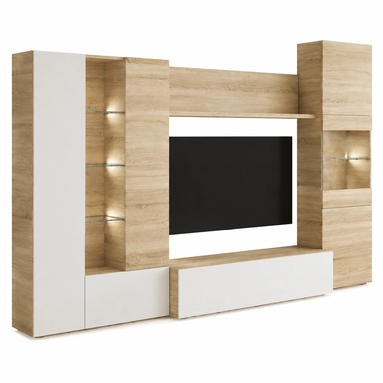 Modulares Wohnzimmerset Raleigh mit LED-Beleuchtung, Vitrinen und Wandelementen, in Eiche und Weiß, 260 x 42 x 185 cm