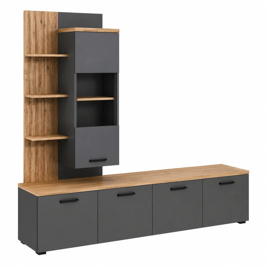 Trendteam Baggio Wohnwand Grau/Eiche für TVs bis 65 Zoll, 240 x 212 x 40 cm