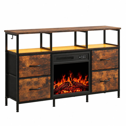 Waleaf TV-Schrank mit elektrischem Kamin und LED-Beleuchtung, 4 Schubladen & Steckdosen, 124x29.8x74 cm