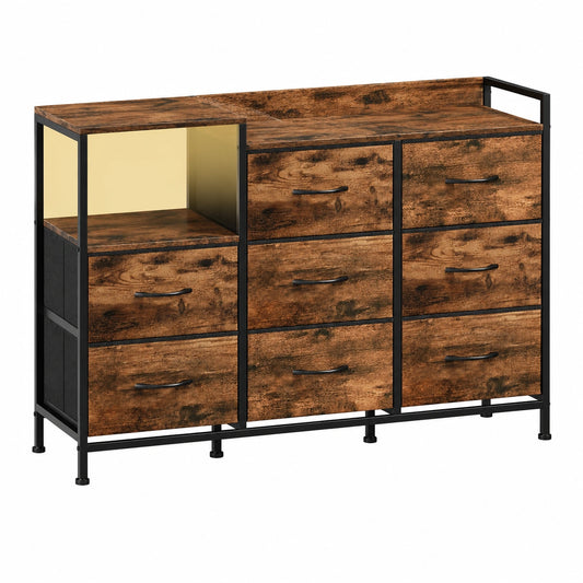 Moderne Kommode mit LED und Steckdose, 8 Schubladen, Holzdekor, 99x29x70,5 cm
