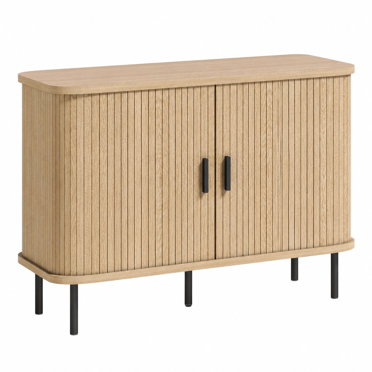 Moderner Sideboard mit Lamellen-Schiebetüren und 4 Fächern, Eichenholz, für Wohnzimmer und Esszimmer