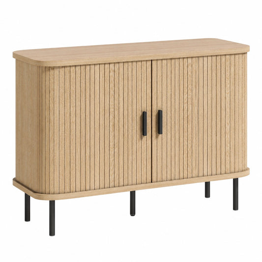 Moderner Sideboard mit Lamellen-Schiebetüren und 4 Fächern, Eichenholz, für Wohnzimmer und Esszimmer