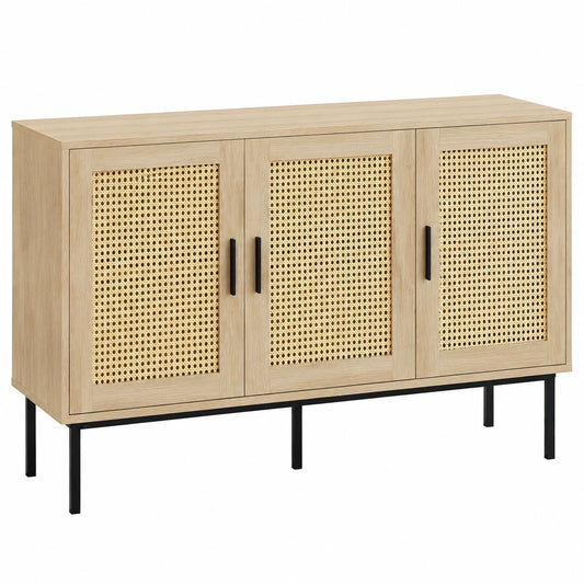Moderner Canner-Stil Sideboard, 120x40x76 cm, 3 Türen, Naturholzoptik, schwarze Metallfüße