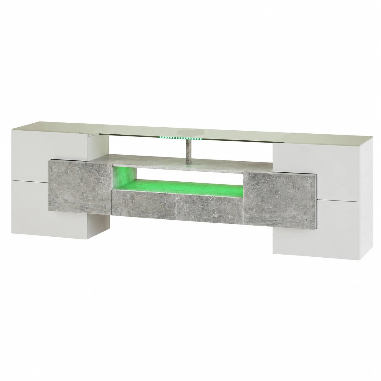 Kayan Eleganter TV-Schrank mit LED, 6 Fächern, 2 Schubladen und 3 offenen Regalen, 200 cm lang, Hochglanz Grau für Wohn- und Esszimmer