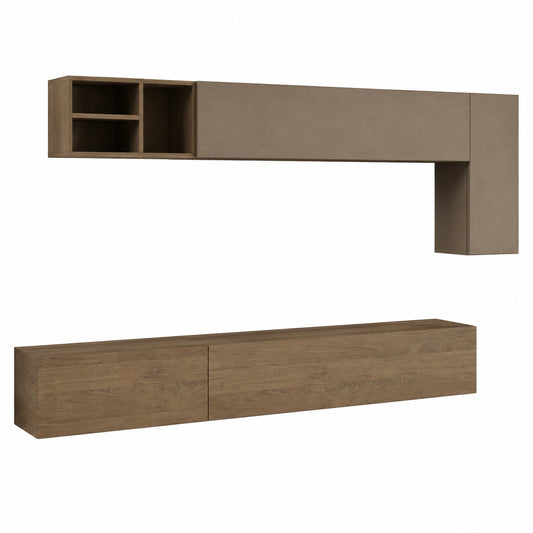 Moderne Wohnwand Ilary in Bronzo- und Mercure-Holzoptik – Italienisches Design, 5-teiliges Set mit TV-Lowboard, Hängeschrank und Wandregalen – 276 x 180 x 30 cm