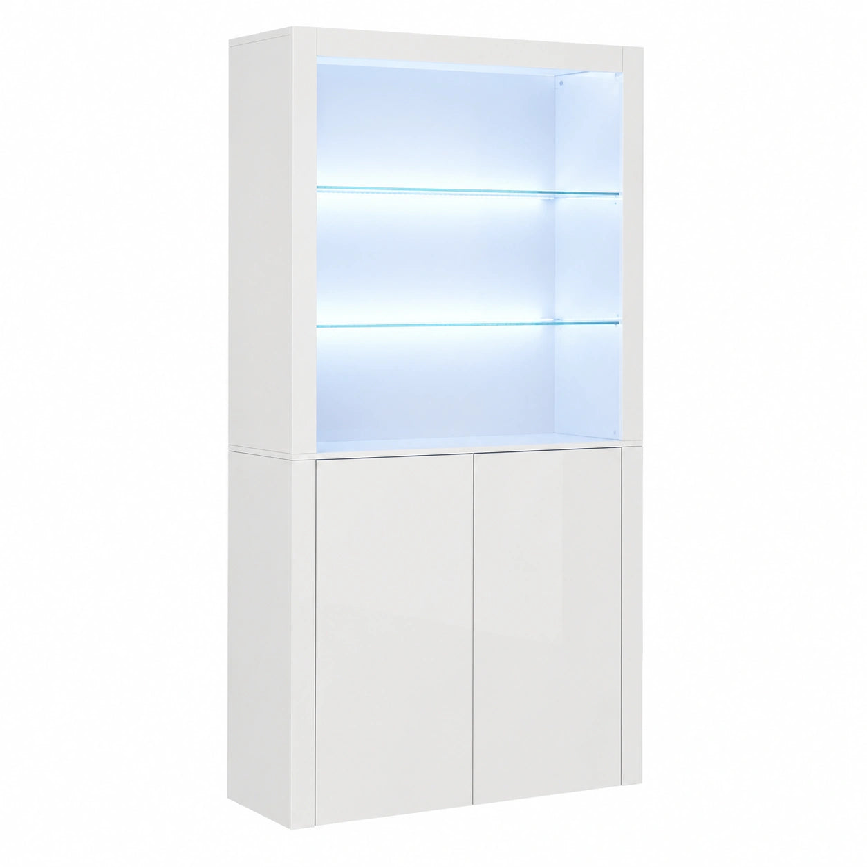 Merax Hochglanz Vitrinenschrank mit LED, 2 Türen und Glasböden, Mehrzweck-Kabinett für Wohnzimmer und Büro, 170cm
