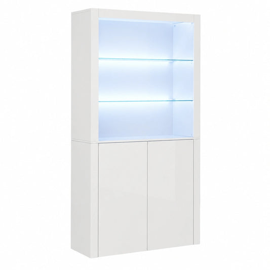 Merax Hochglanz Vitrinenschrank mit LED, 2 Türen und Glasböden, Mehrzweck-Kabinett für Wohnzimmer und Büro, 170cm