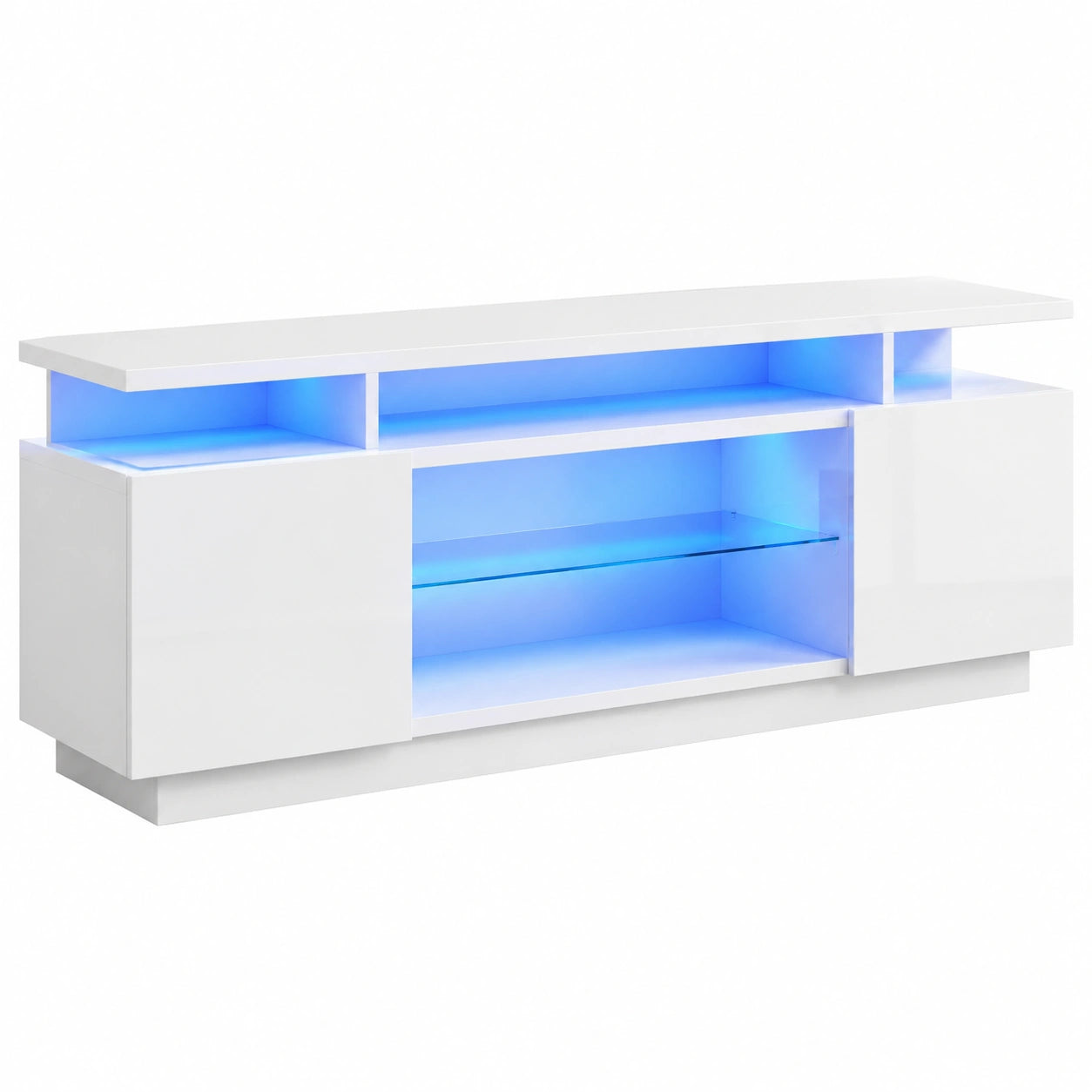 LUXOAK LED TV-Schrank, Hochglanz, für TVs bis 75 Zoll, mit großem Stauraum, 2 Türen & Glasböden, Wohnzimmer & Schlafzimmer, Weiß