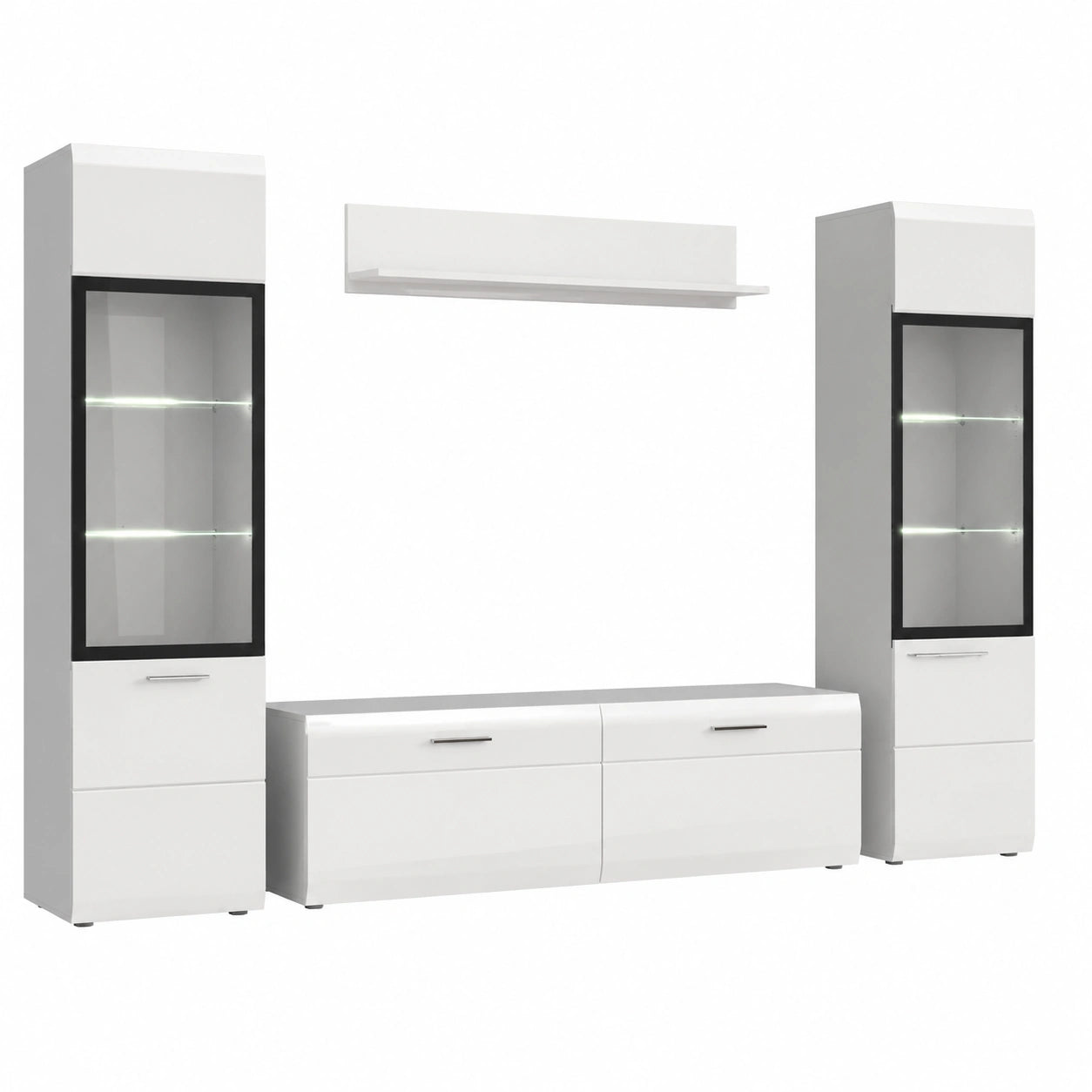 Moderne Wohnzimmerkombination aus 4 Teilen, Weiß Hochglanz – 2 Vitrinen, Lowboard, Wandregal – FSC®-Zertifiziert – 280 x 160 x 41 cm