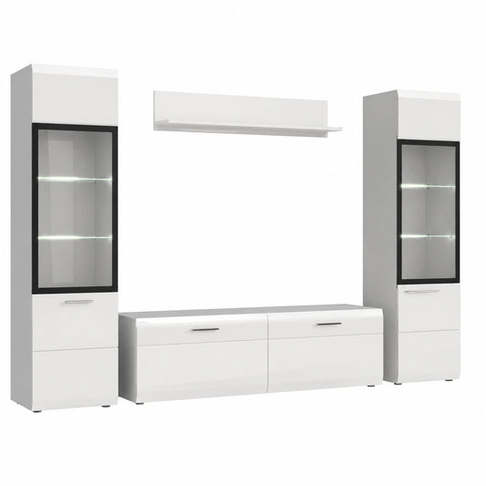 Moderne Wohnzimmerkombination aus 4 Teilen, Weiß Hochglanz – 2 Vitrinen, Lowboard, Wandregal – FSC®-Zertifiziert – 280 x 160 x 41 cm