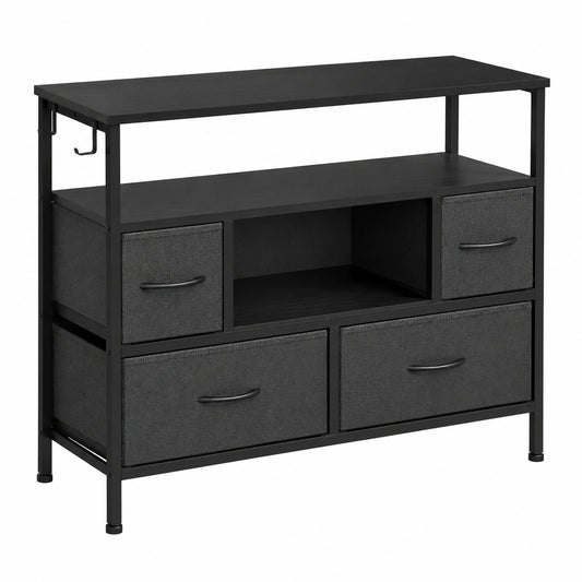YITAHOME Dunkelgraue Kommode mit LED & Steckdose, 4 Schubladen & 2 Haken, geeignet für Fernseher bis 32 Zoll, ideal für Schlafzimmer & Wohnzimmer