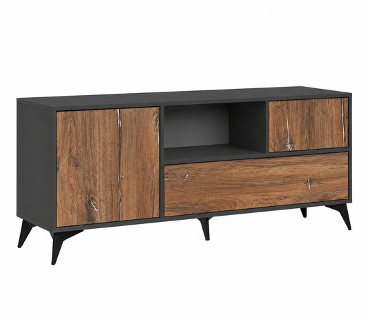 Moderne Wohnwand Orvieto, Eiche/Antrazit, 350x187x40cm, mit LED-Beleuchtung